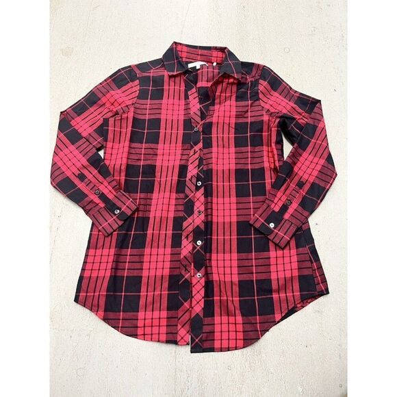 FOXCROFT Shirt Blouse Wrinkle Free Size 6 Red/Black Plaid‎ Cabincore - Picture 1 of 4